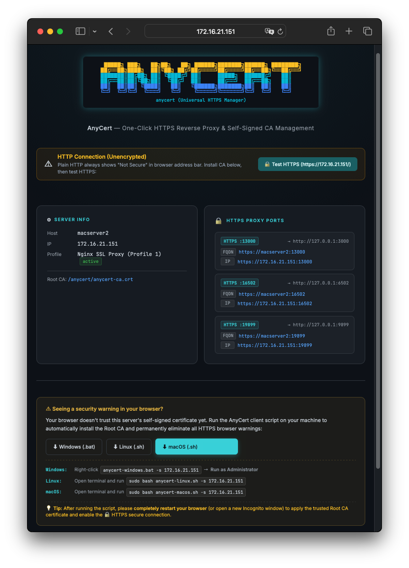 AnyCert Nginx Landing Page Proxy Mode